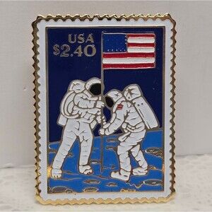 Vintage 1989 USPS Moon Landing $2.40 USA Flag Collectible Stamp Style Lapel Pin